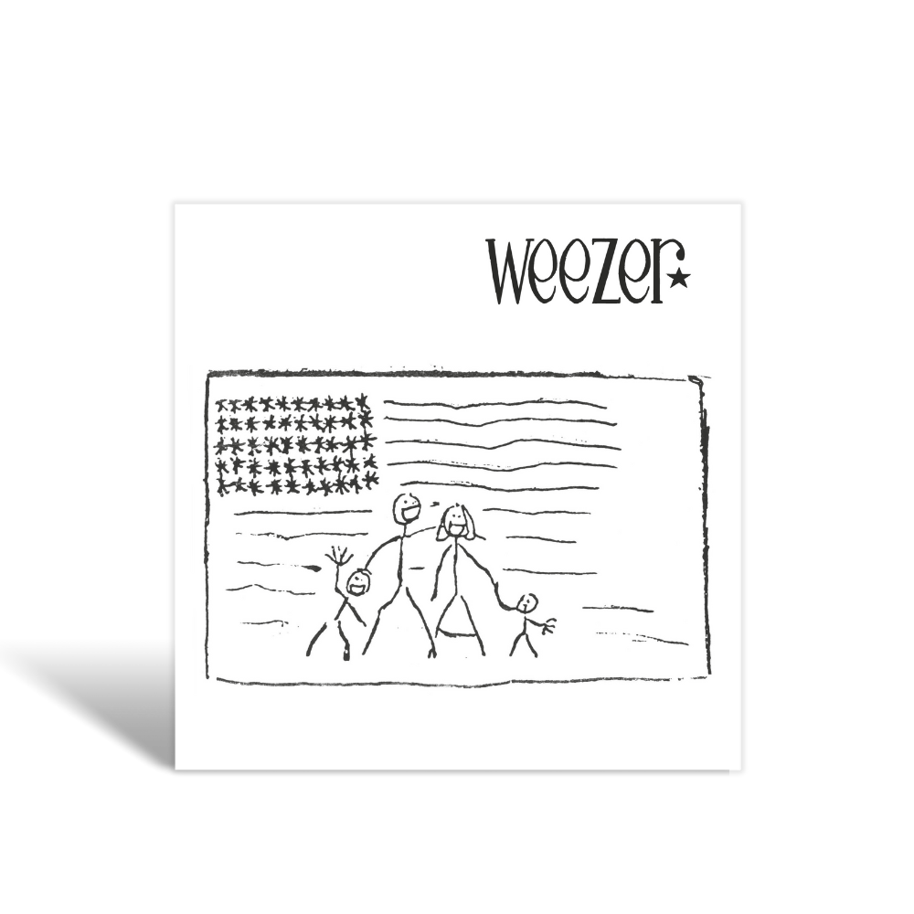 Black-and-white illustrated album cover of weezer blue 30th super deluxe vinyl box set with stick-figure family and american flag for garage practice and sweater song fans