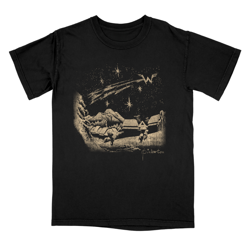 Black short-sleeved cotton t-shirt with pinkerton starry night sepia village graphic and comet in starry sky print