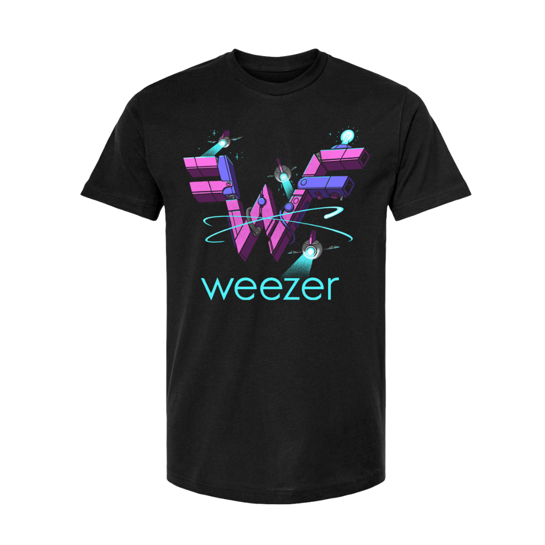 Black cotton robotic logo t-shirt with vibrant pink purple teal w logo and weezer text from official weezer uk store