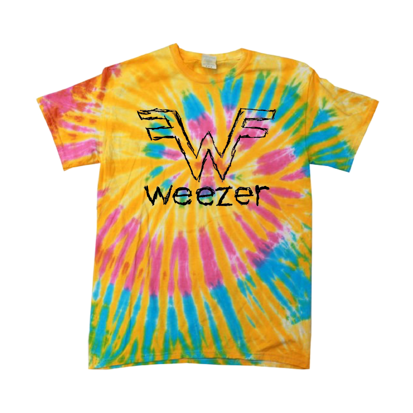 A vibrant yellow, pink, and blue tie-dye t-shirt featuring a black outlined ’w’ logo with the word ’weezer’ printed below it.