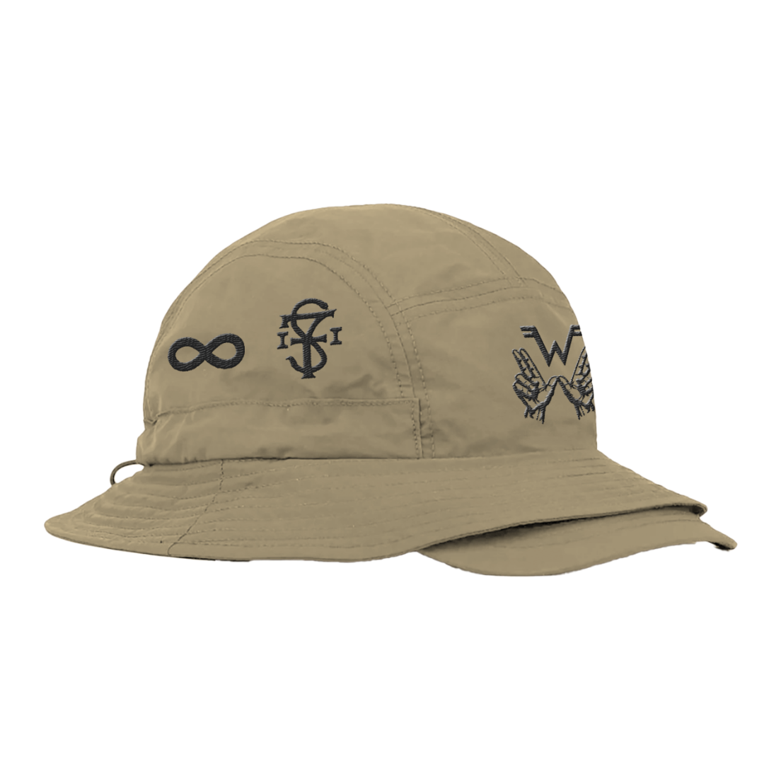 Beige bucket brim hat with black embroidered symbol logos on front and side for stylish sun protection