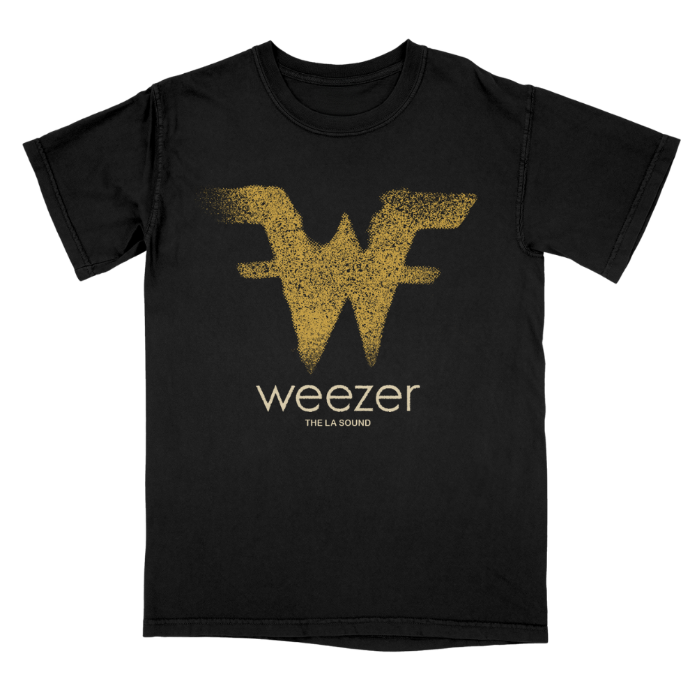 Black short-sleeved sound tee with textured gold w logo and weezer the la sound print from the official weezer uk store