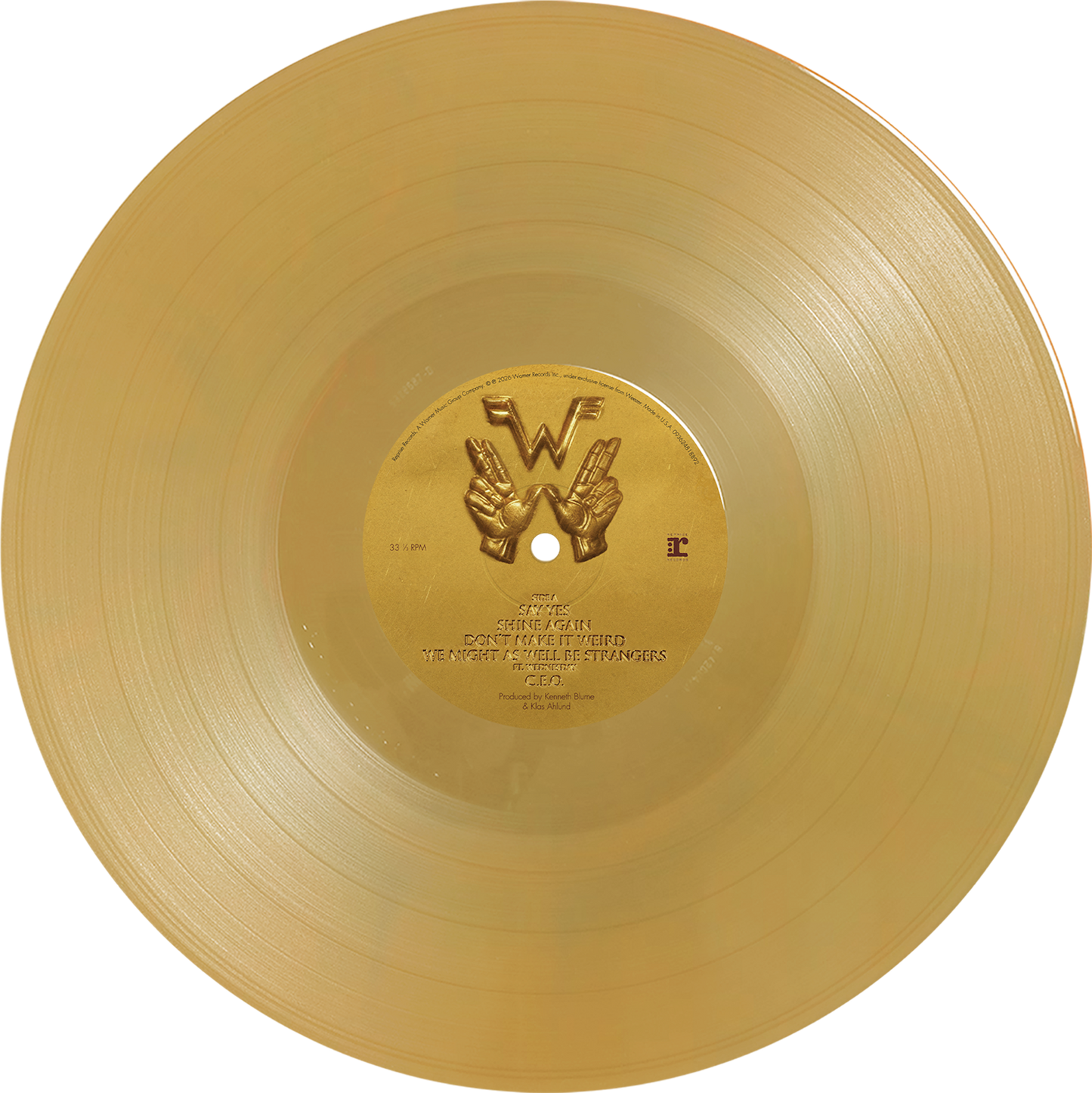 Weezer artifact wzr001 yellow gold vinyl with embossed hands on label and track listing for wiz khalifa album preorder