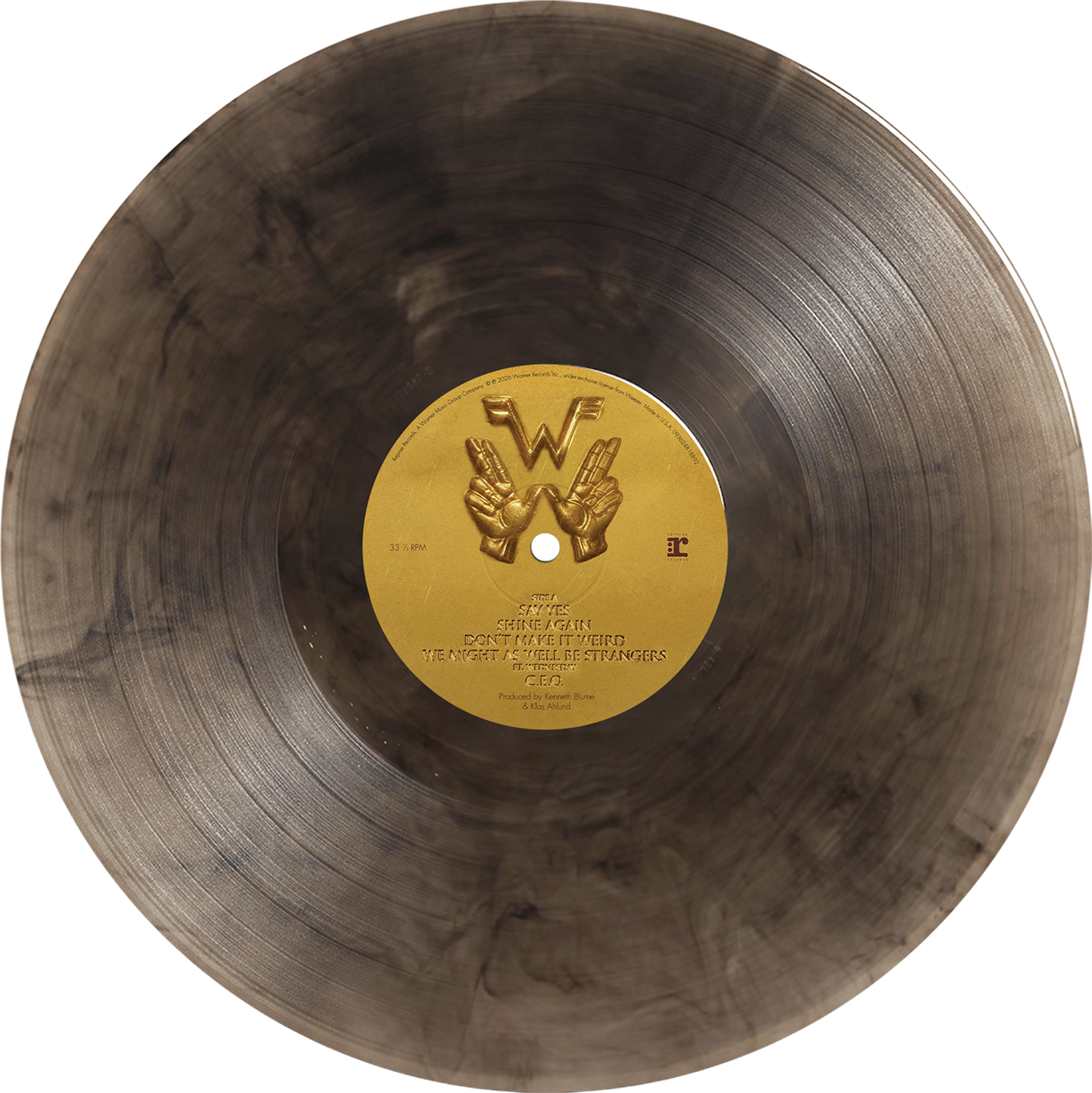 A marbled gray vinyl record with a gold vinyl center label featuring the wu-tang clan logo in the weezer black gold vinyl preorder