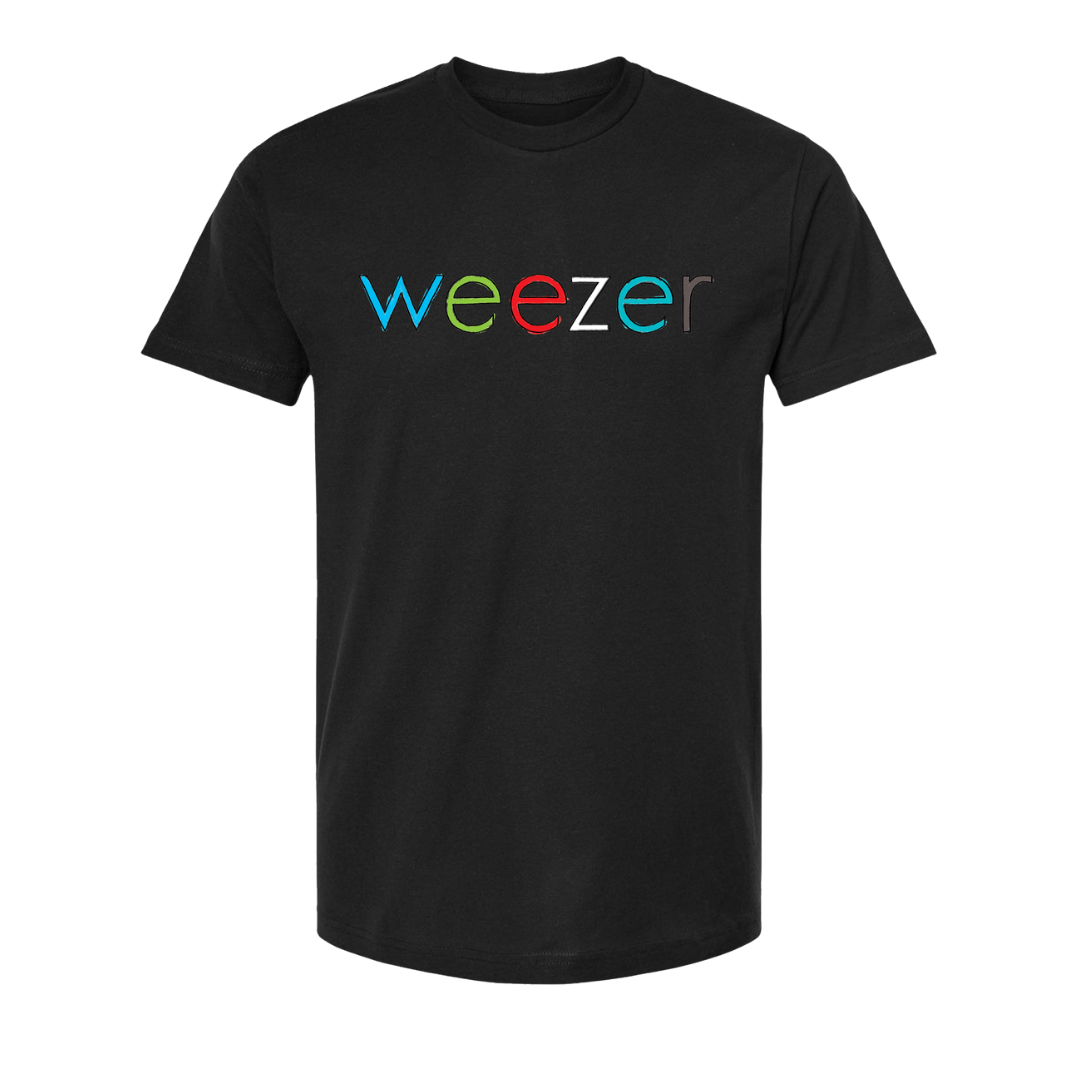 Black cotton t-shirt featuring the word ’weezer’ in a colorful, multi-hued font across the chest.