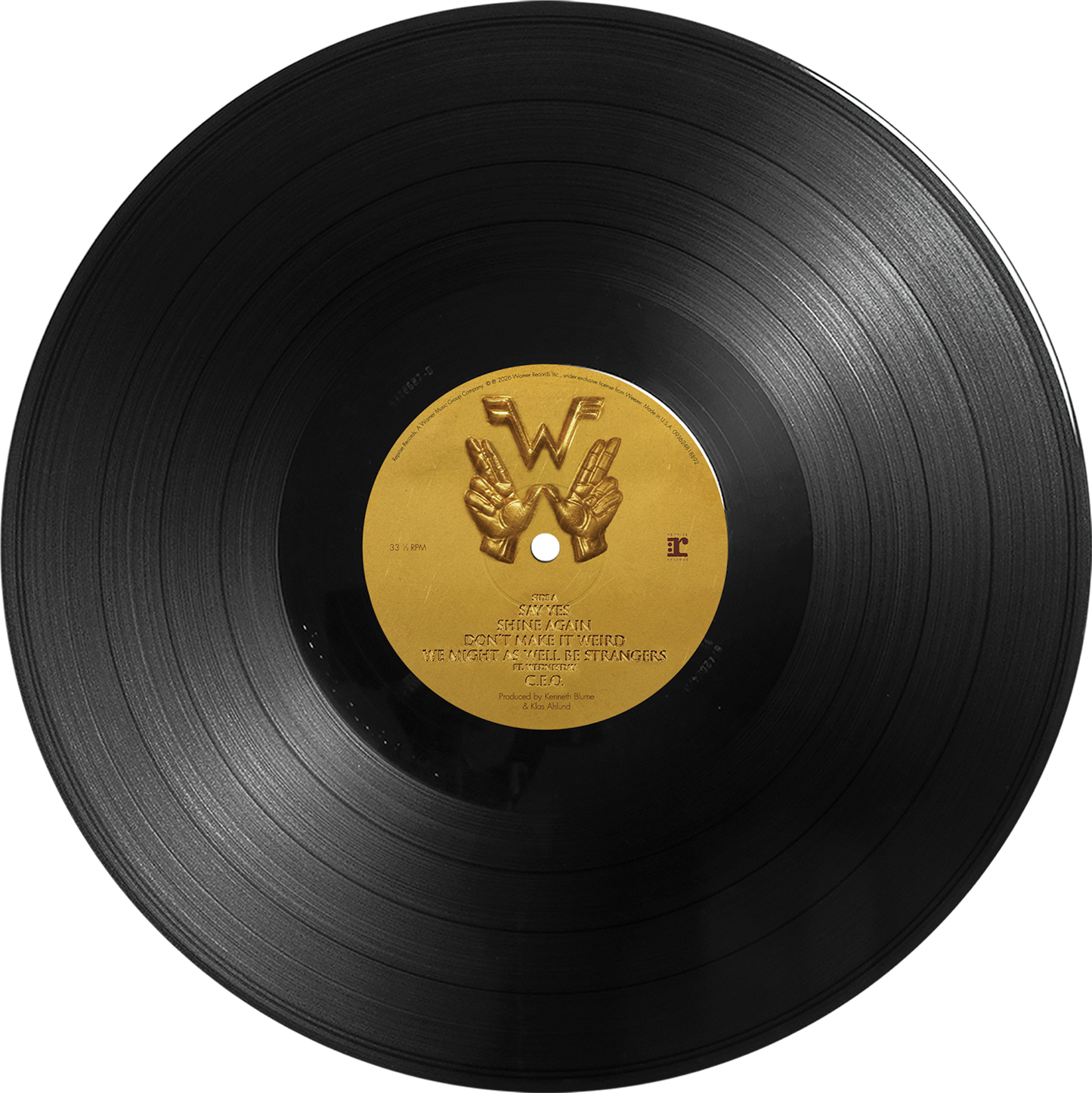 Black vinyl record with gold embossed hands forming a w and tracklist from weezer gold album official weezer merchandise