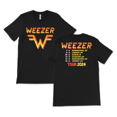 Black t-shirt with Weezer band logo and 2024 tour dates printed on it.