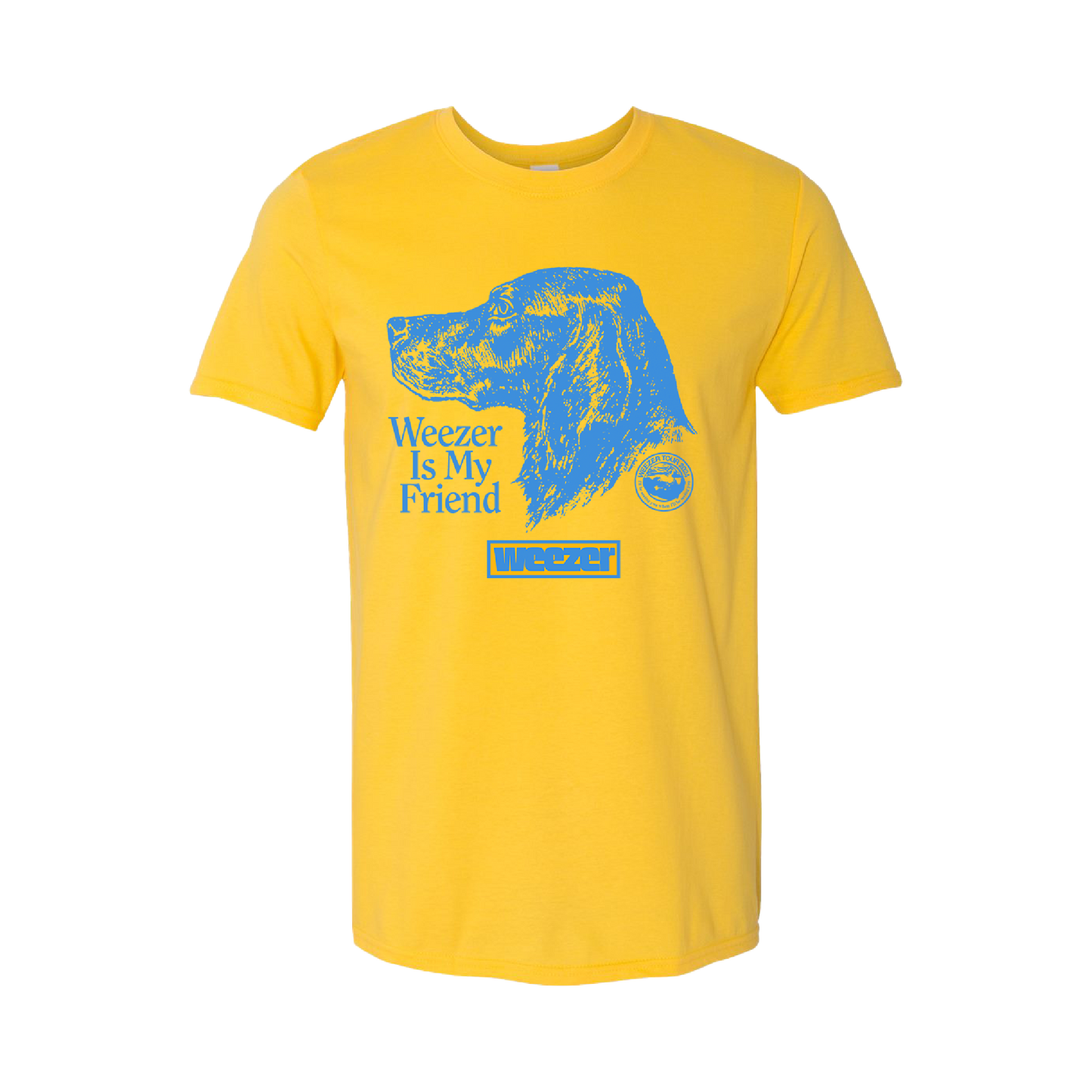 Yellow t-shirt with a blue dog graphic and text reading ’Weezer Is My Friend’.