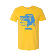 Yellow t-shirt with a blue dog graphic and text reading ’Weezer Is My Friend’.