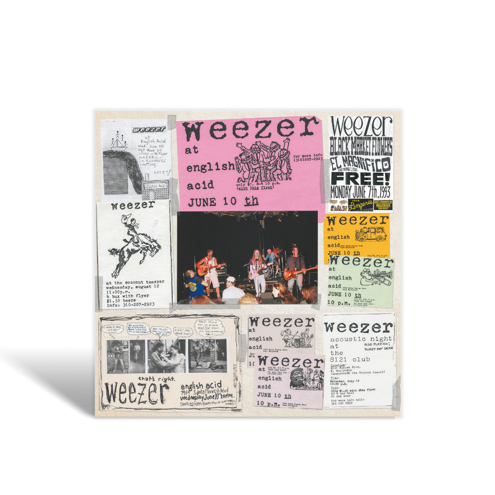 Collage of vintage weezer concert posters featuring colorful and black-and-white designs for blue 30th super deluxe vinyl box set including club lingerie and sweater song events