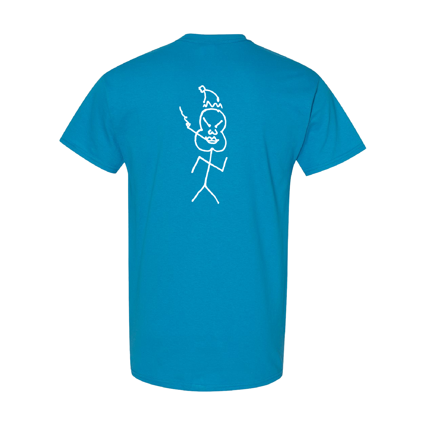 Bright blue short-sleeved cotton t-shirt with white skull playing guitar graphic from official Weezer UK store merchandise