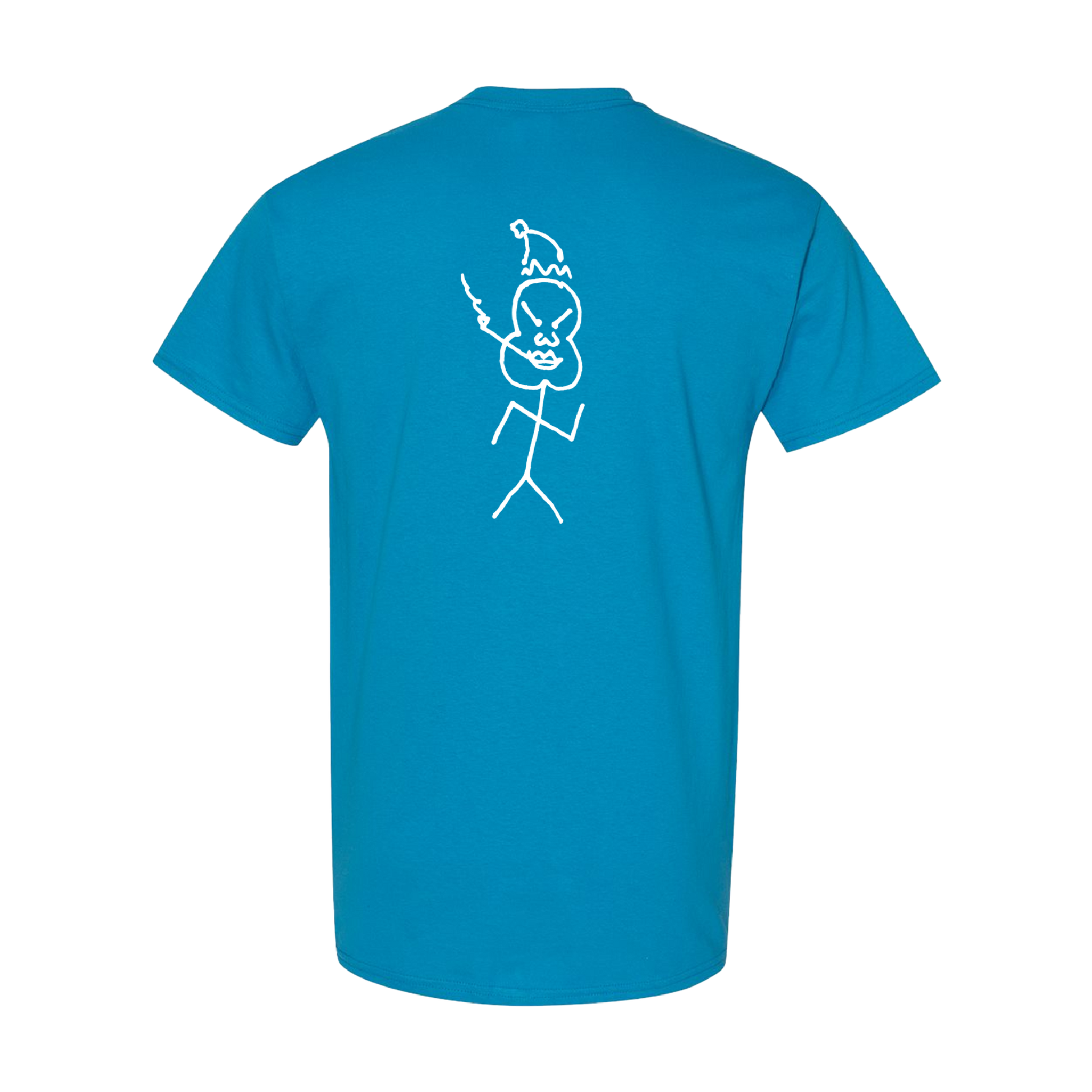 Bright blue short-sleeved cotton t-shirt with white skull playing guitar graphic from official Weezer UK store merchandise