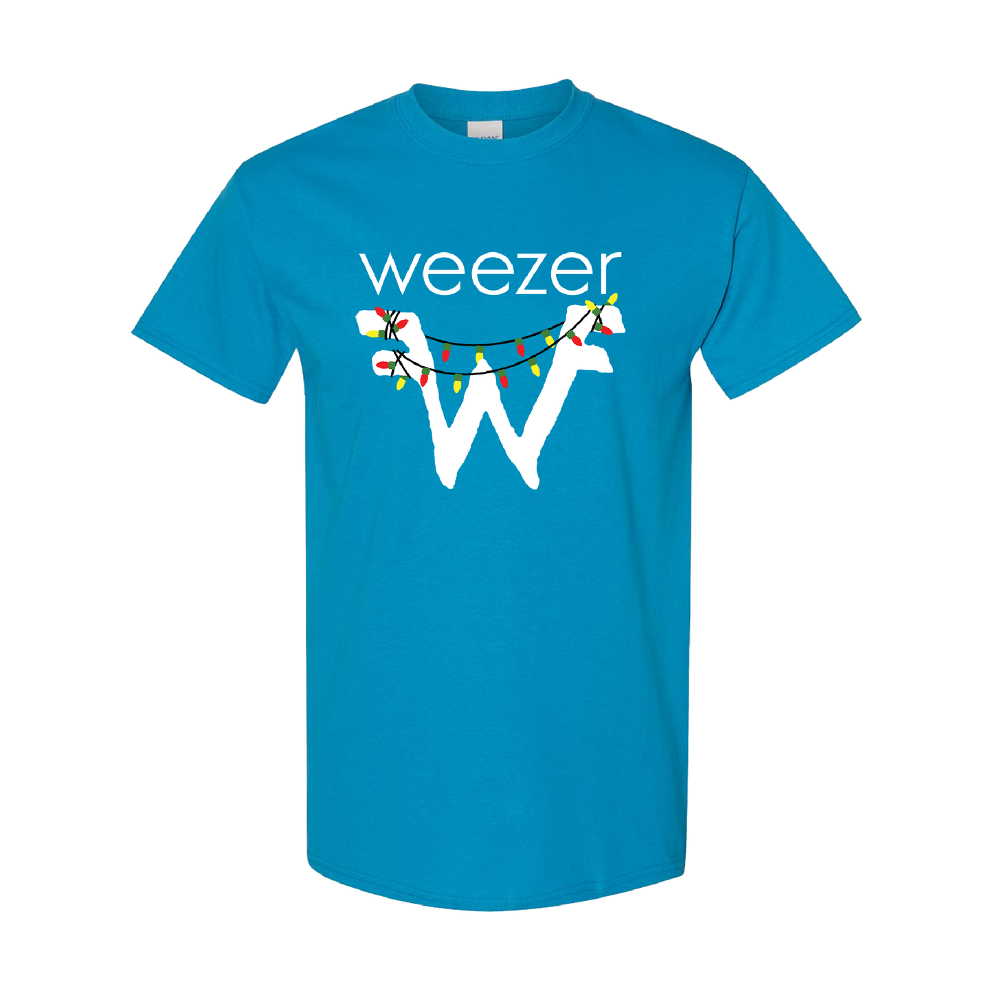 Blue holiday lights t-shirt with white w logo and colorful christmas lights from official Weezer merchandise UK store