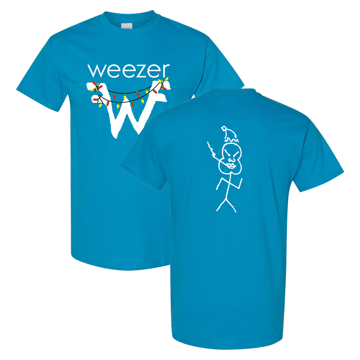 Blue holiday lights t-shirt featuring a white w logo with christmas lights and a santa hat stick-figure on the back from official weezer merchandise uk store