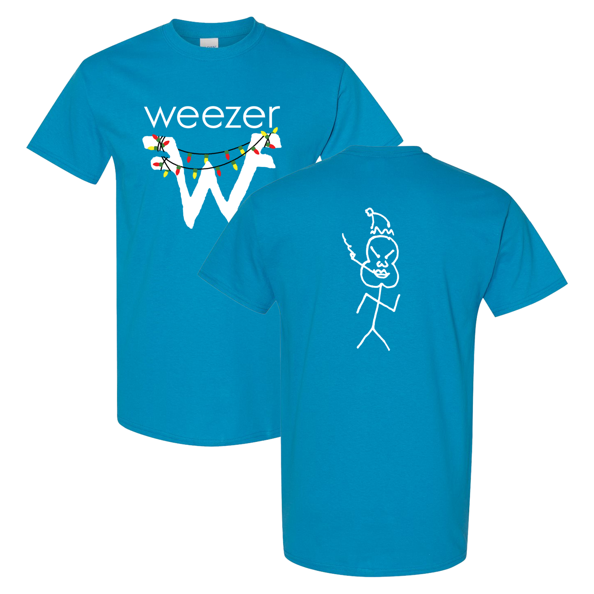 Blue holiday lights t-shirt featuring a white w logo with christmas lights and a santa hat stick-figure on the back from official weezer merchandise uk store