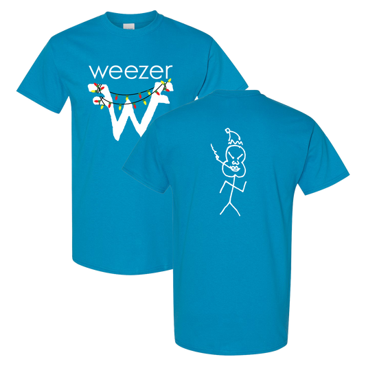 Blue holiday lights t-shirt featuring a white w logo with christmas lights and a santa hat stick-figure on the back from official weezer merchandise uk store