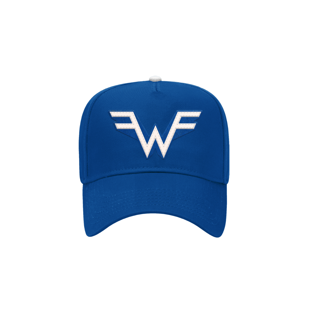 Blue logo hat featuring a white embroidered wf logo perfect for a stylish weezer logo hat or blue weezer logo accessory