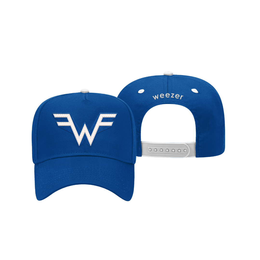 Royal blue logo hat with white stylized wf front logo and weezer logo hat embroidery on back strap