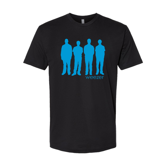 Black short-sleeved t-shirt featuring a bright blue silhouette of four standing figures with the word ’weezer’ printed below in matching blue.