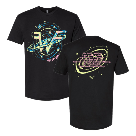 Black short-sleeved t-shirt featuring a cosmic design with the band weezer’s logo and lyrics printed in glowing neon colors on both front and back.