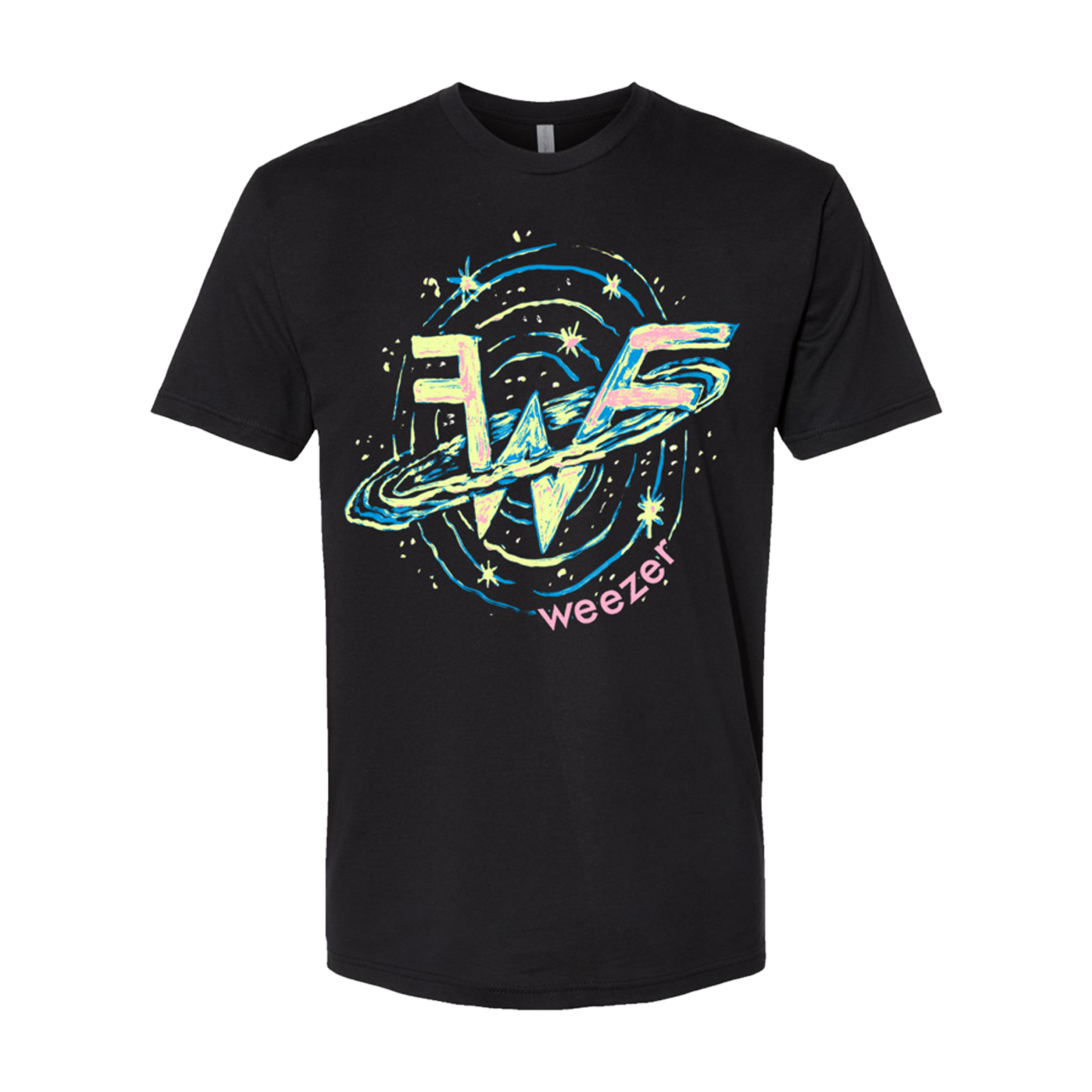 Black short-sleeved t-shirt featuring a vibrant, cosmic-themed graphic with the band weezer’s logo in neon blue and pink hues.