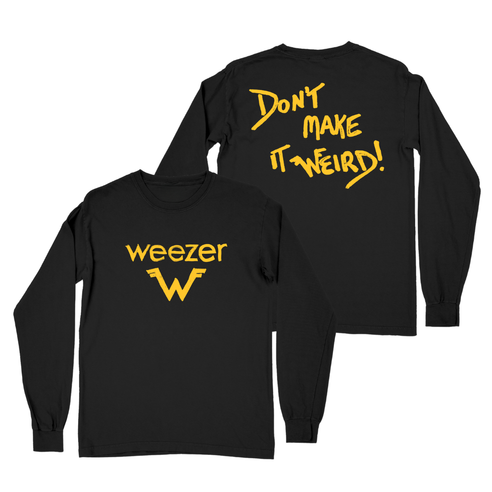 Black long sleeve tee featuring yellow weezer logo and dont make it weird text perfect for casual wear