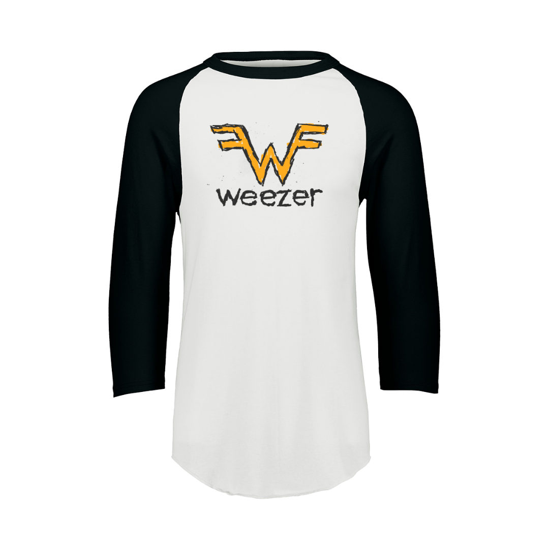 White and black three-quarter sleeve baseball-style t-shirt featuring a yellow stylized ’wf’ logo with the word ’weezer’ printed below in black.