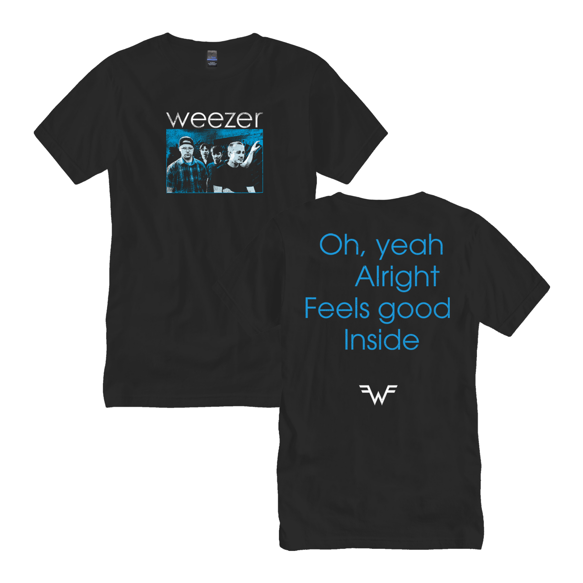 Black cotton t-shirt featuring a blue graphic of the band weezer and the text ’oh, yeah alright feels good inside’ in matching blue lettering on the back.