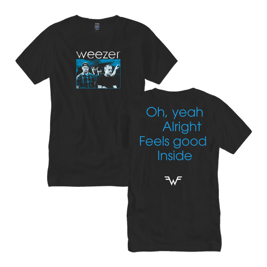 Black cotton t-shirt featuring a blue graphic of the band weezer and the text ’oh, yeah alright feels good inside’ in matching blue lettering on the back.