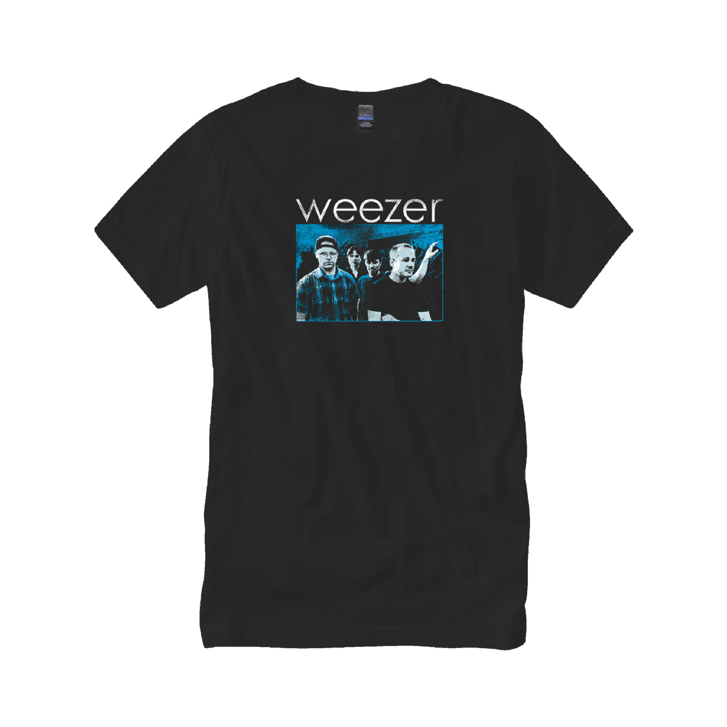Black cotton t-shirt featuring a blue-toned graphic of the band weezer with their name printed above it.