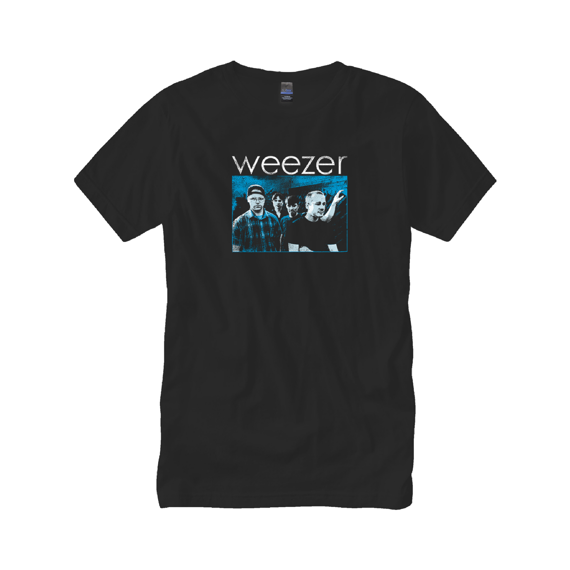 Black cotton t-shirt featuring a blue-toned graphic of the band weezer with their name printed above it.