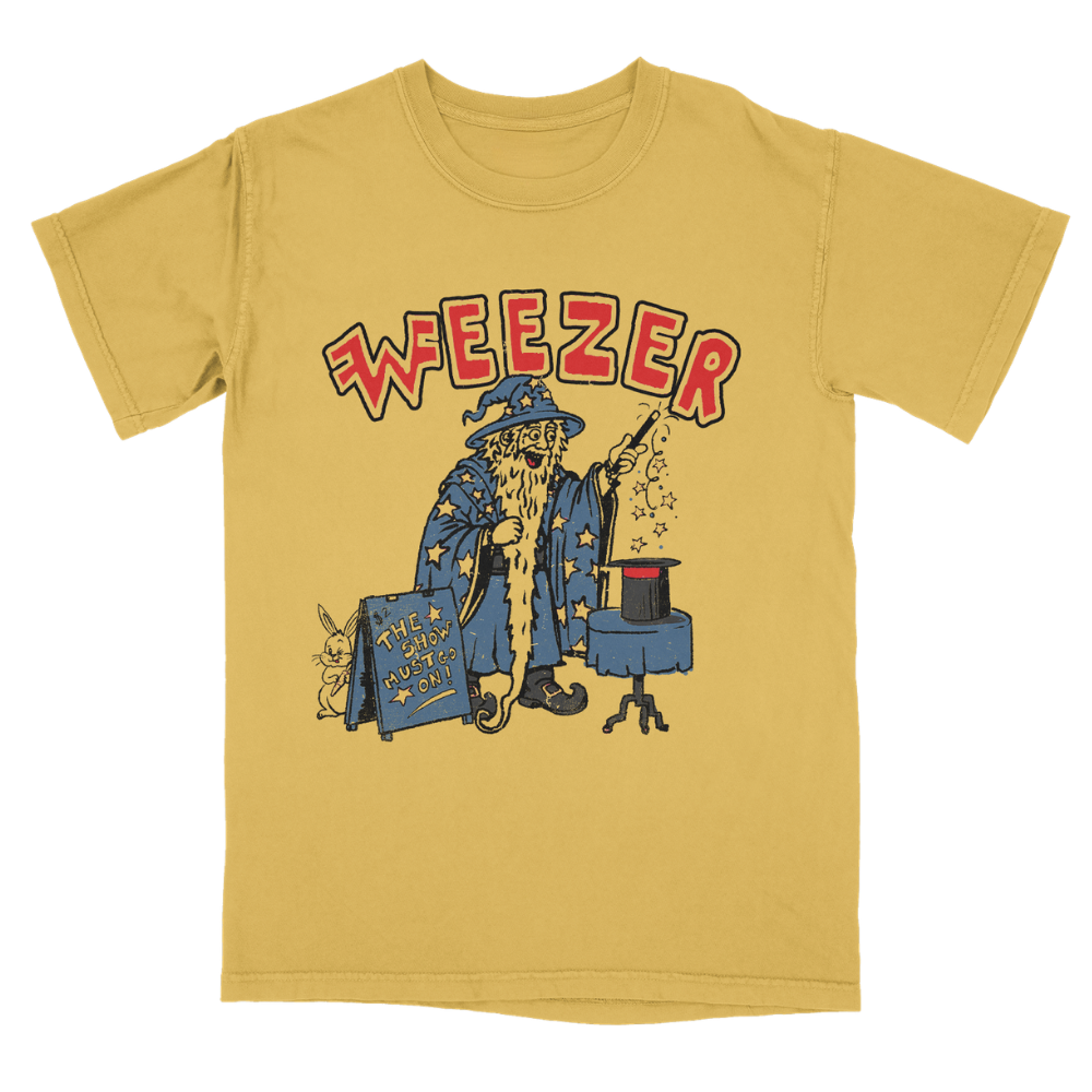 Yellow short-sleeved cotton t-shirt with cartoon wizard design and weezer red lettering from official weezer merchandise uk store