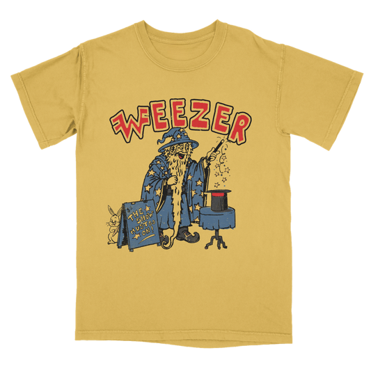 Yellow short-sleeved cotton t-shirt with cartoon wizard design and weezer red lettering from official weezer merchandise uk store