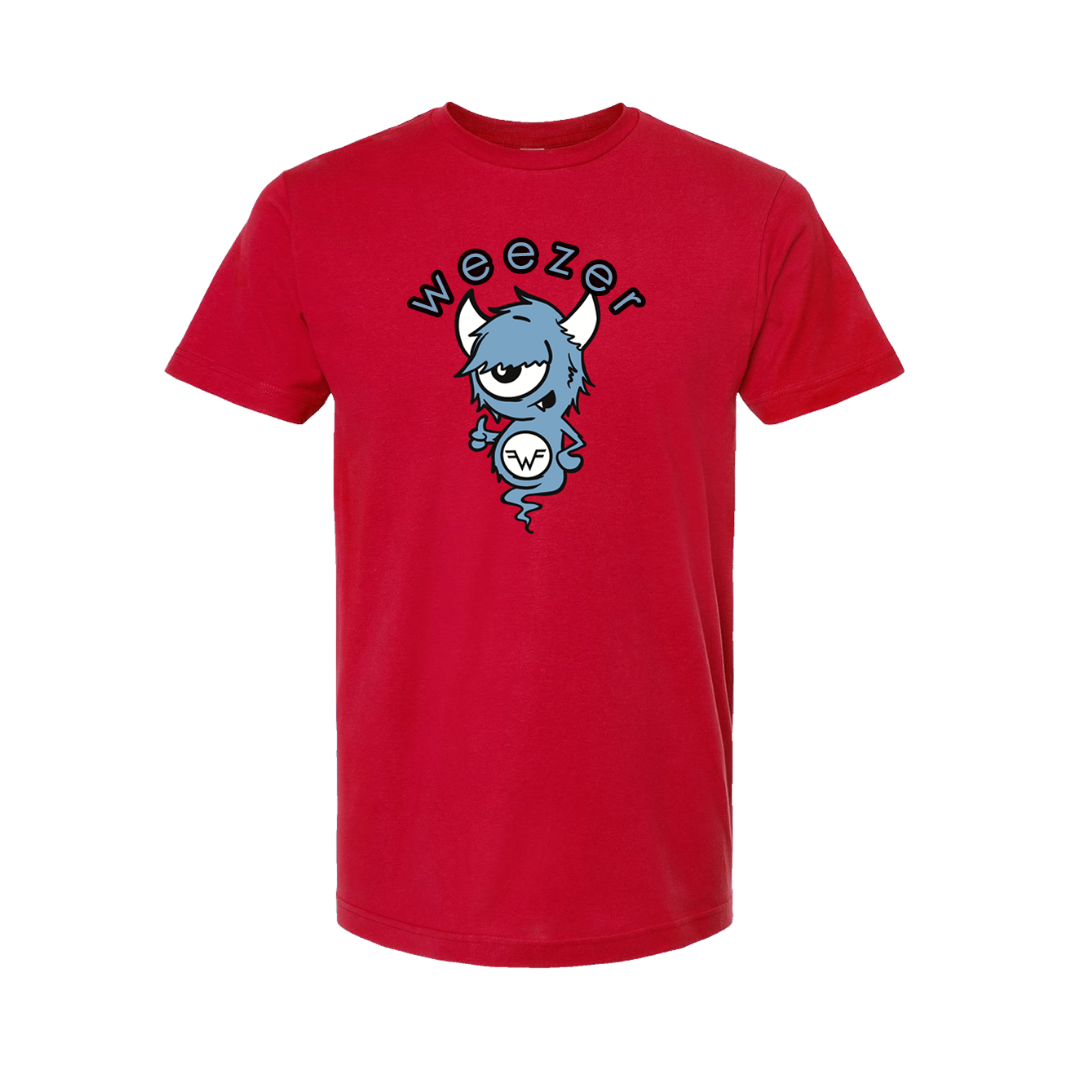 Red short-sleeved Monster T-Shirt with blue one-eyed cartoon monster and black weezer logo, official Weezer merchandise UK store