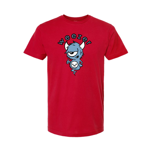 Red short-sleeved Monster T-Shirt with blue one-eyed cartoon monster and black weezer logo, official Weezer merchandise UK store