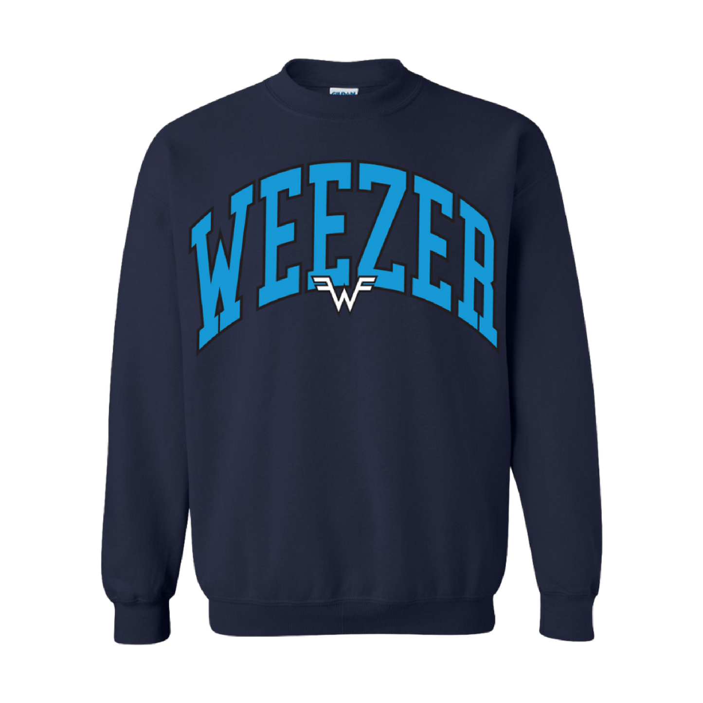Navy blue crewneck sweatshirt with bold turquoise ’weezer’ lettering arched across the chest and a white stylized ’w’ logo beneath it.