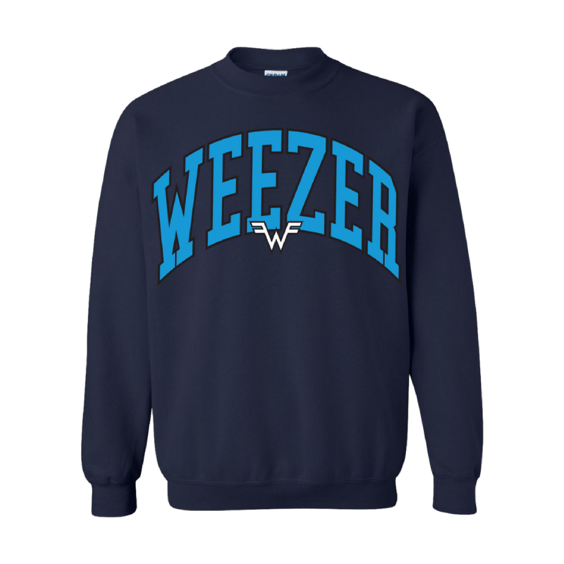 Navy blue crewneck sweatshirt with bold turquoise ’weezer’ lettering arched across the chest and a white stylized ’w’ logo beneath it.