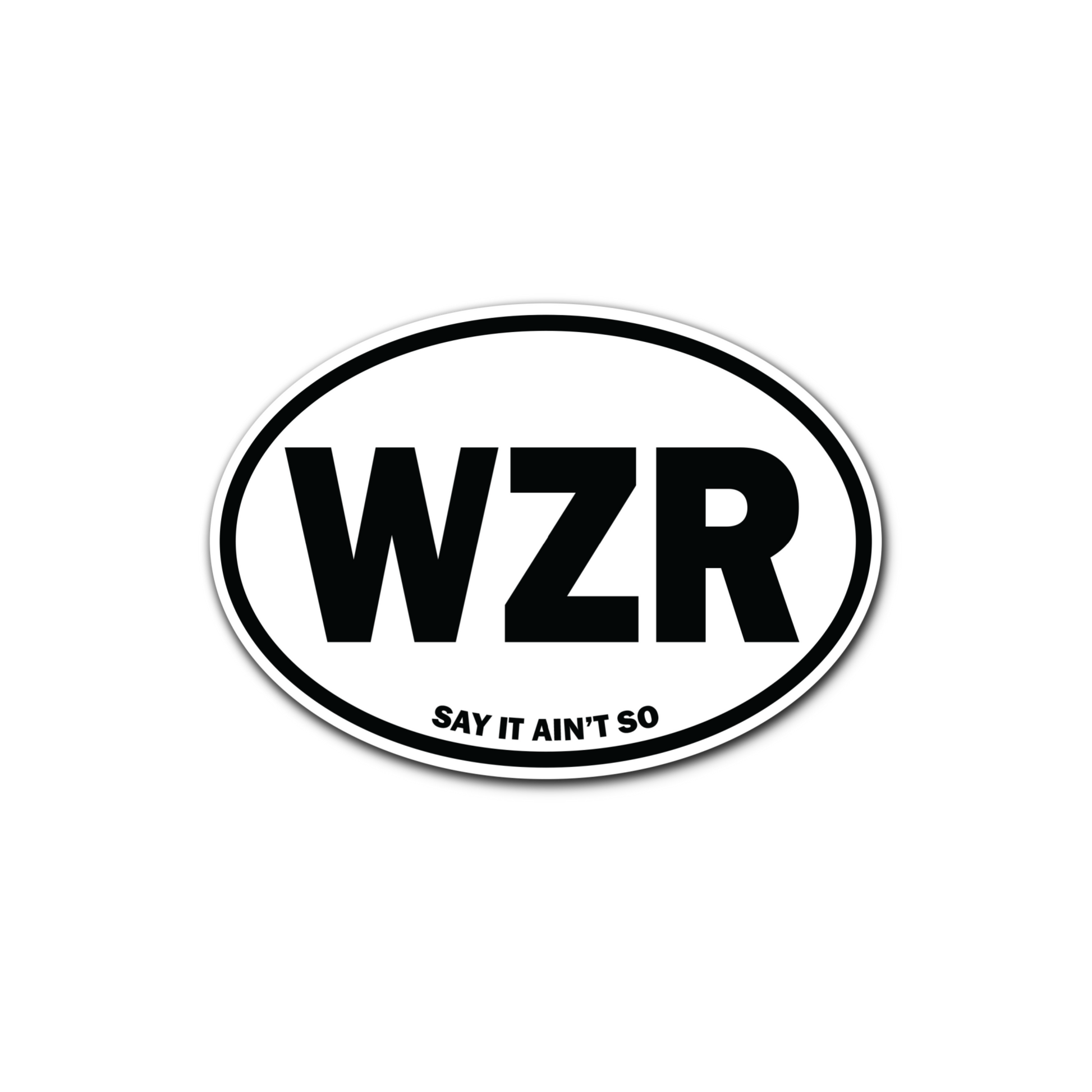 Black and white oval weezer sticker with bold wzr lettering and say it ain’t so phrase from official weezer merchandise