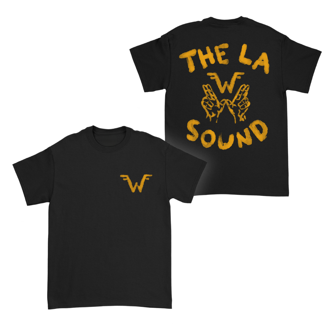 Black cotton unisex paint la sound t-shirt with classic fit featuring yellow graphic on back and small chest logo