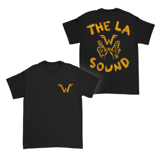 Black cotton unisex paint la sound t-shirt with classic fit featuring yellow graphic on back and small chest logo