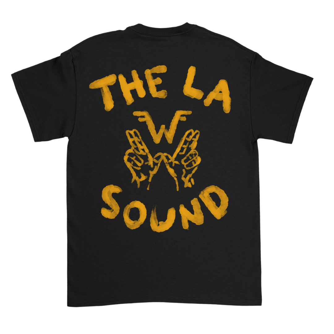 Black paint la sound cotton unisex t-shirt with bold yellow hands graphic and classic fit design