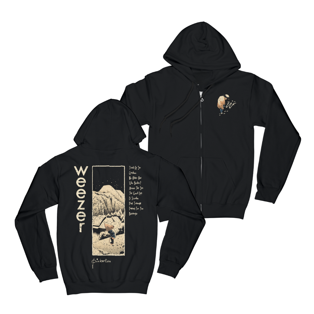 Back of black pinkerton mountain zip hoodie with vintage weezer graphic and mountain illustration print