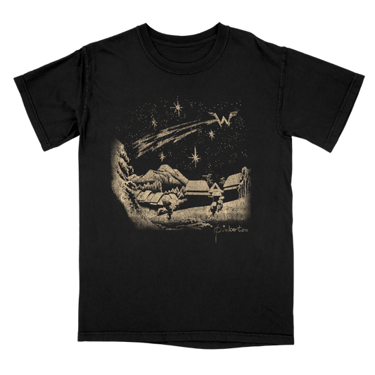 Black short-sleeved cotton t-shirt with pinkerton starry night sepia village graphic and comet in starry sky print