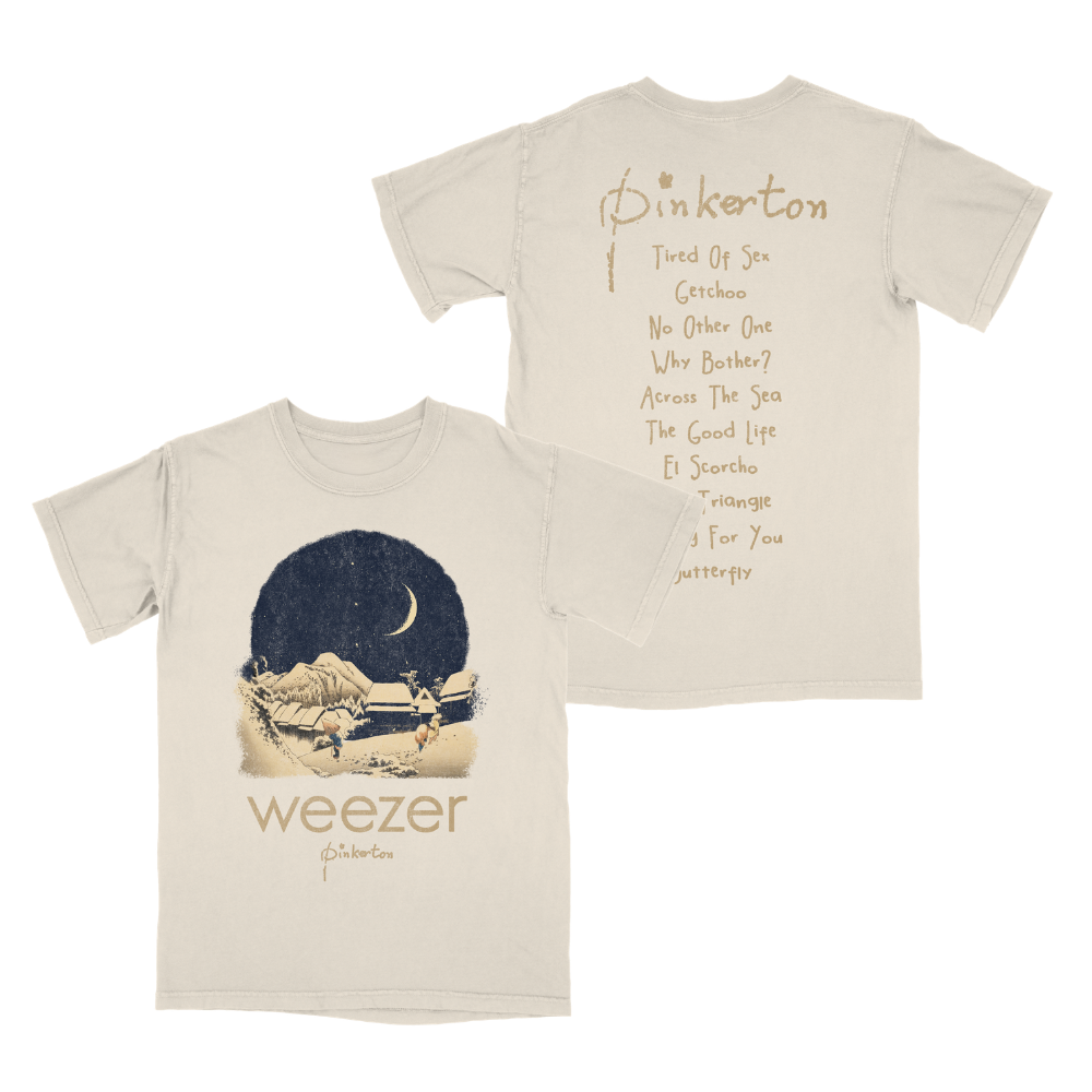 Cream-colored cotton pinkerton starry tee featuring vintage crescent moon graphic and song titles from pinkerton on back