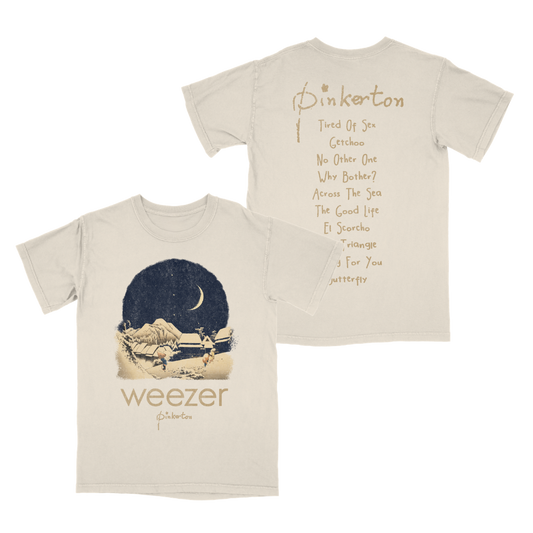 Cream-colored cotton pinkerton starry tee featuring vintage crescent moon graphic and song titles from pinkerton on back