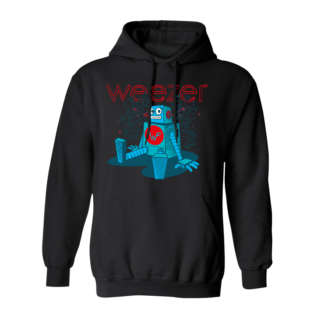 Black hooded sweatshirt with vibrant blue robot graphic and red weezer text from official weezer merchandise uk store