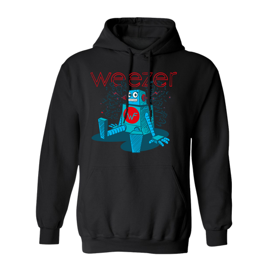 Black hooded sweatshirt with vibrant blue robot graphic and red weezer text from official weezer merchandise uk store