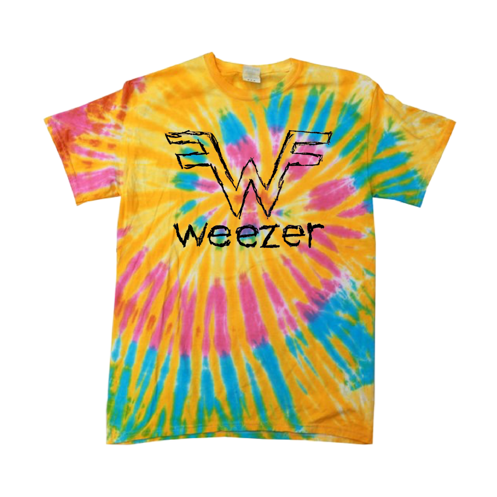 A vibrant yellow, pink, and blue tie-dye t-shirt featuring a black outlined ’w’ logo with the word ’weezer’ printed below it.