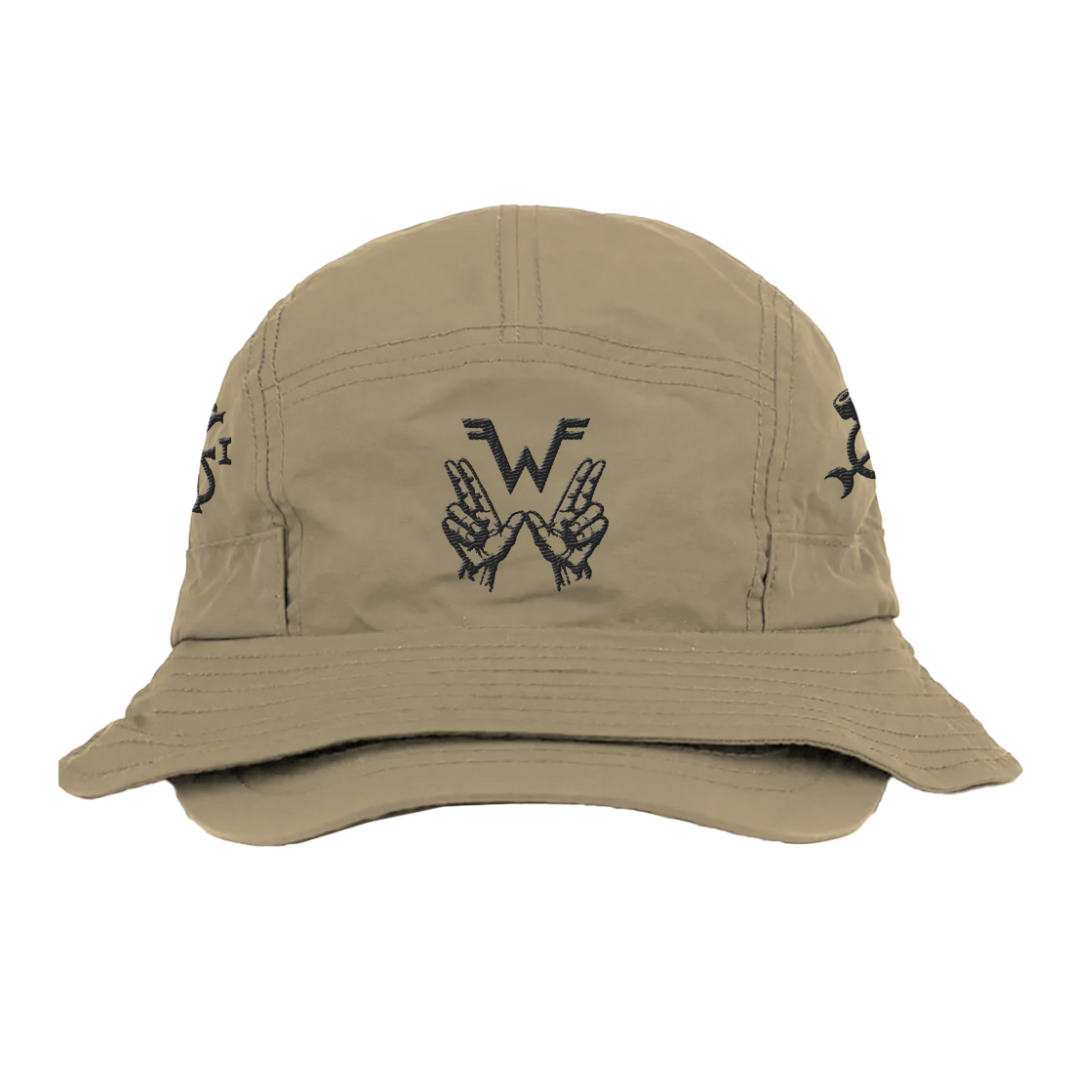Beige five-panel symbol bucket brim hat with black embroidered peace sign hands logo above wf letters