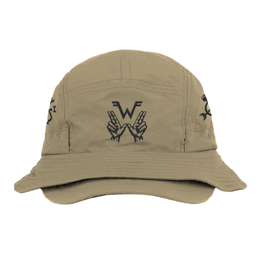 Beige five-panel symbol bucket brim hat with black embroidered peace sign hands logo above wf letters